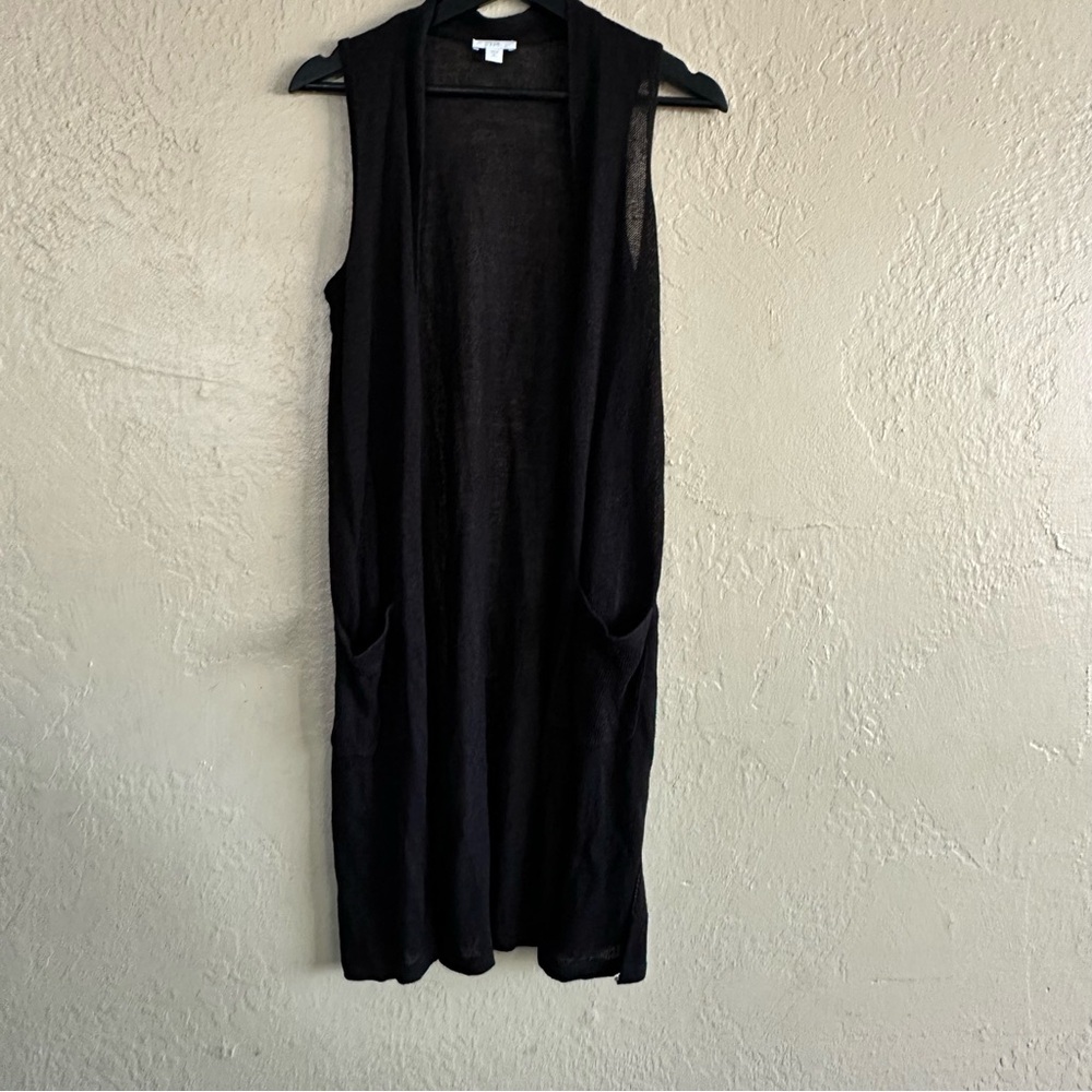Black Sleeveless Open Front Long Vest Linen Blend